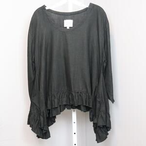 Heart’s Desire by Mary Grace Black Linen Ruffle Hem Tunic Top Women’s M